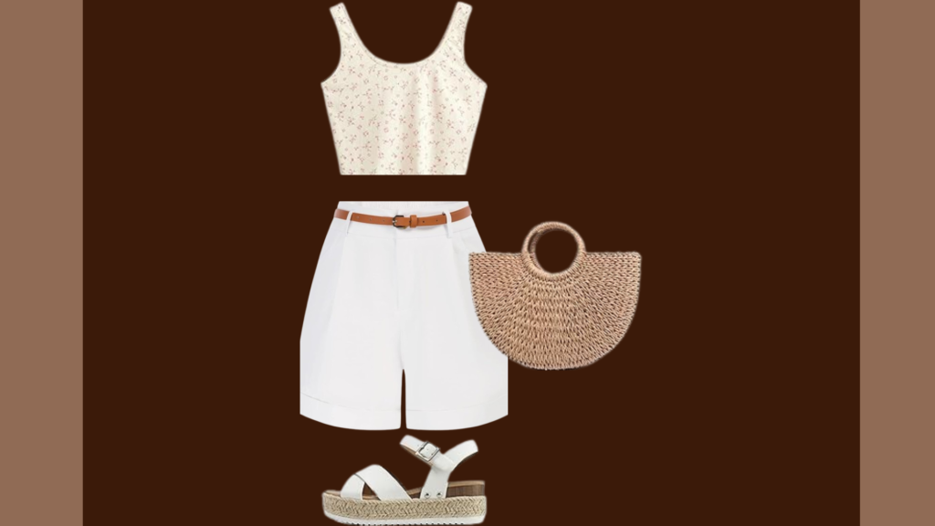 Floral crop top, white tailored shorts, a woven tote bag, and espadrille sandals.
