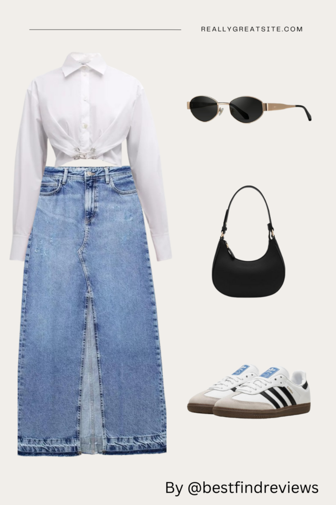 Denim Maxi Skirt and Adidas Samba Sneakers